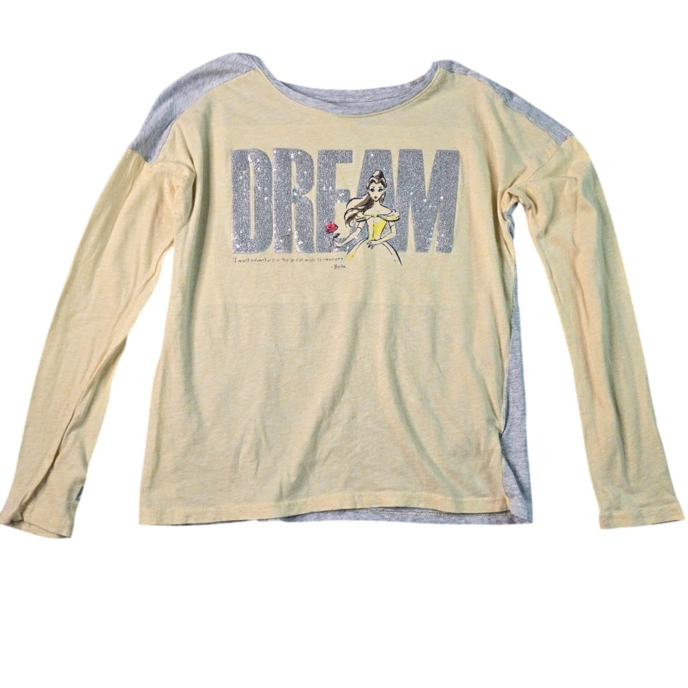 Gap Kids‎ Disney Belle Long Sleeve Shirt XL 12 Yellow Gray Sequin Dream Graphic